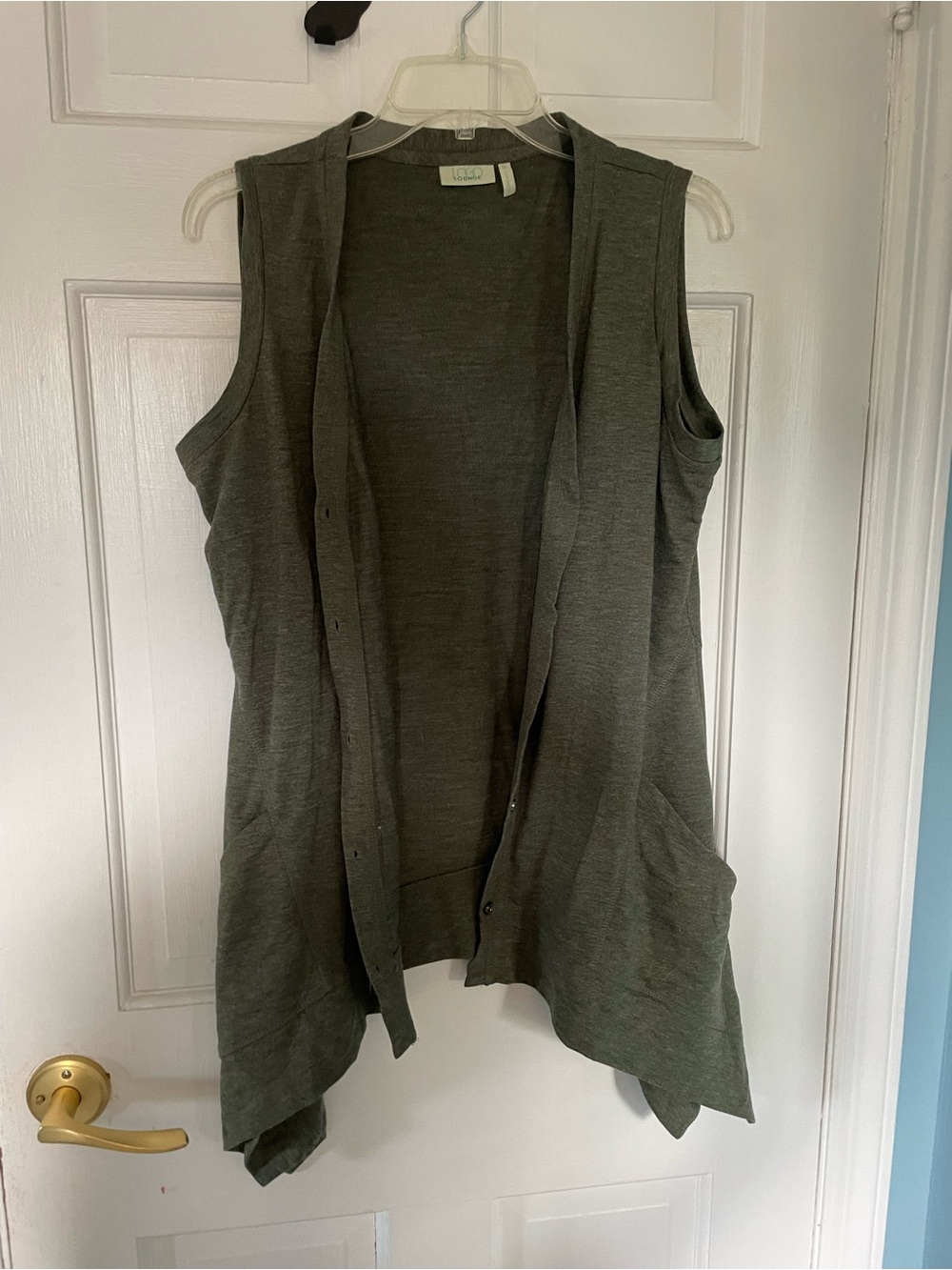 Logo by Lori Goldstein Sleeveless Open-Front button down cardigan Olive Green